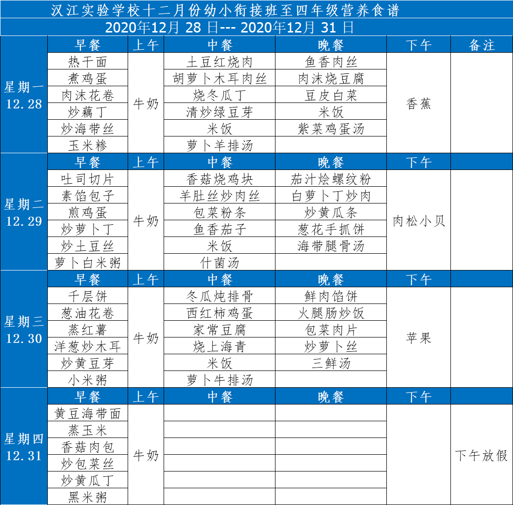 漢江實驗學校2020年12月28日-2021年1月3日學生食譜公示