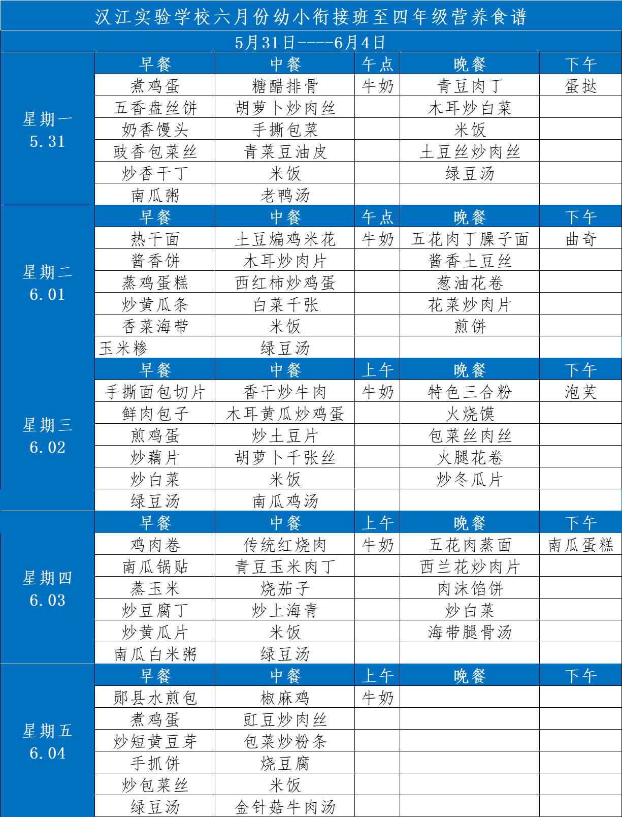 漢江實驗學校2021年5月31日-2021年6月5日學生食譜公示