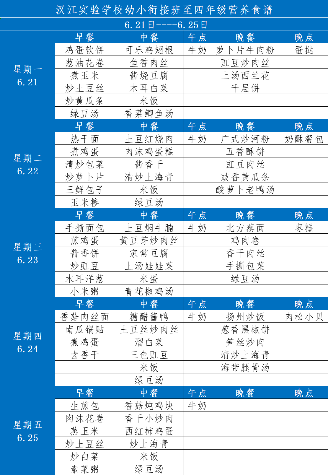 漢江實驗學校2021年6月20日-2021年6月25日學生食譜公示