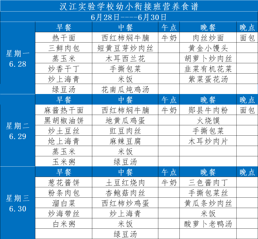 漢江實驗學校2021年6月26日-2021年6月30日學生食譜公示